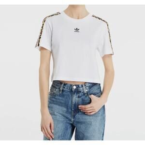 Adidas Womens White Cropped Tee Shirt Leopard 3-Stripes Size large